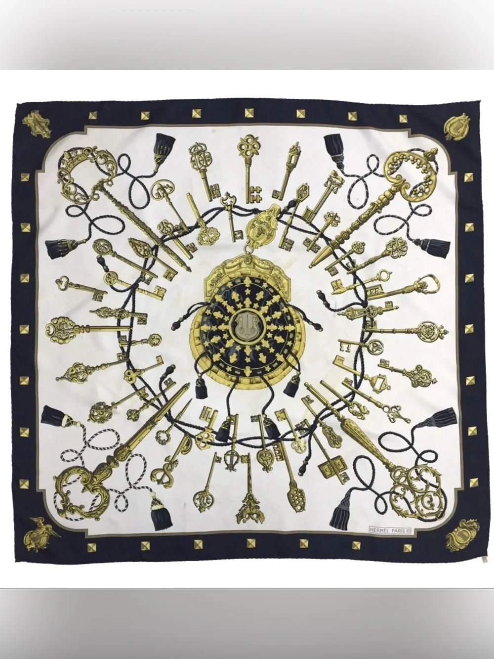 Hermes LES CLES Silk Scarf Carré 90 Black White Hand Rolled Made in France